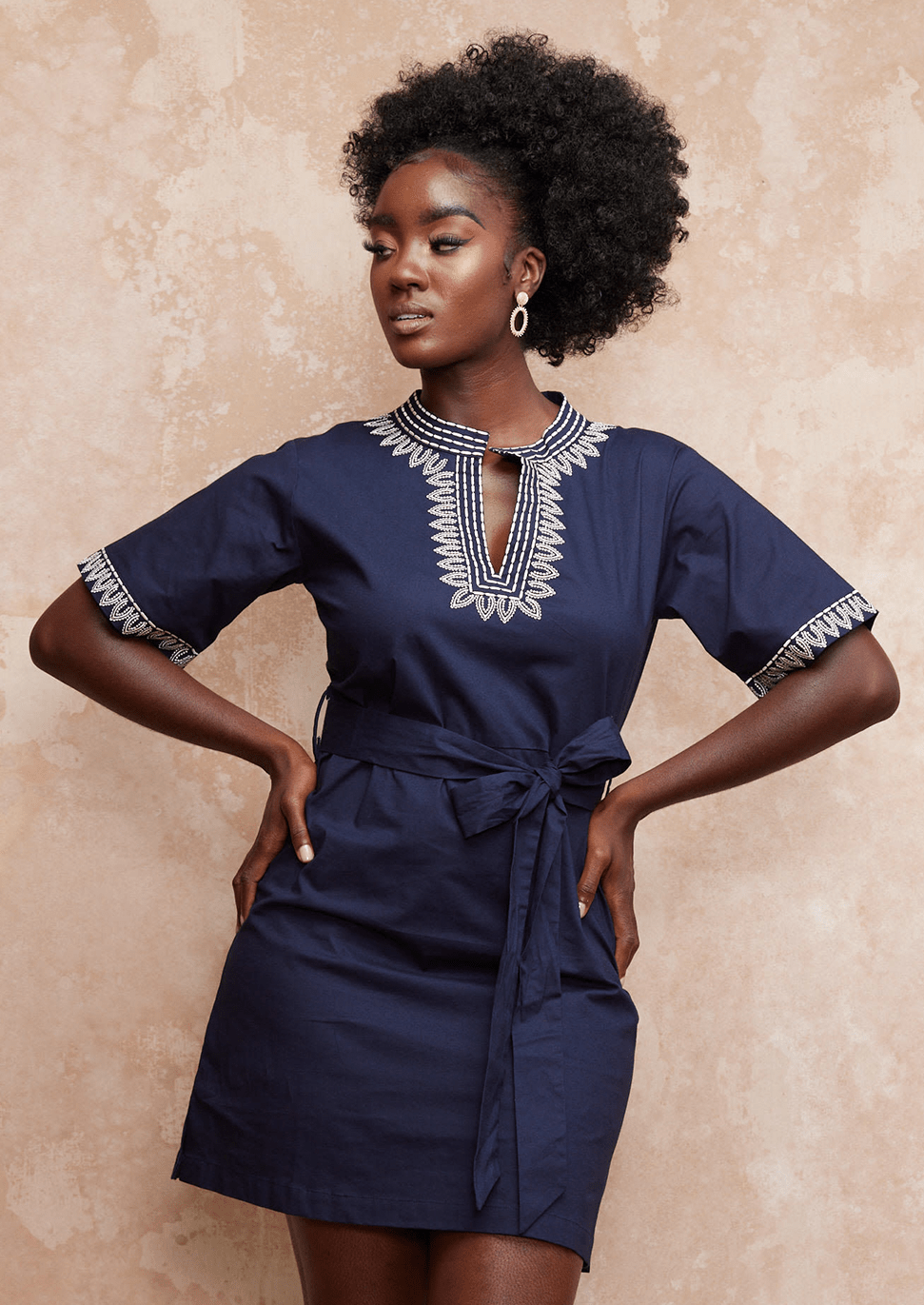 Marli Women's Embroidered Tunic Dress (Navy/Tan) - Clearance Blue - D'IYANU