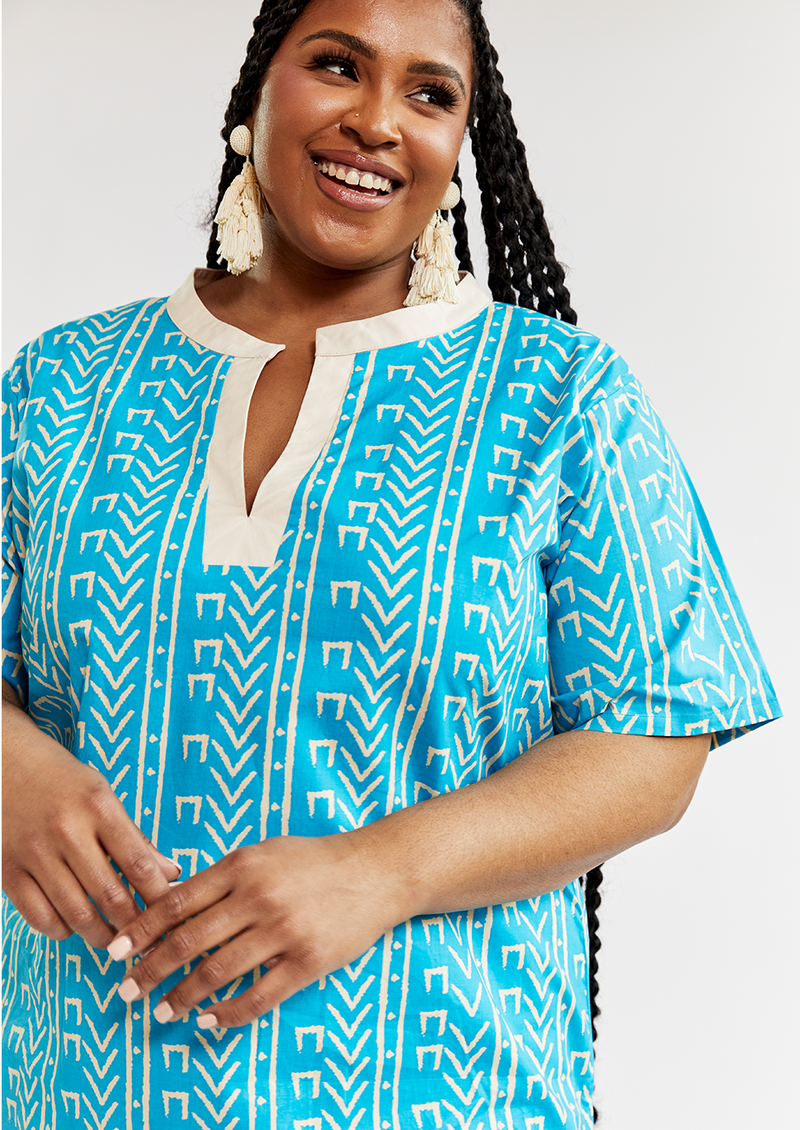 Meli Women's African Print Tunic (Sky Blue Mudcloth) - Clearance