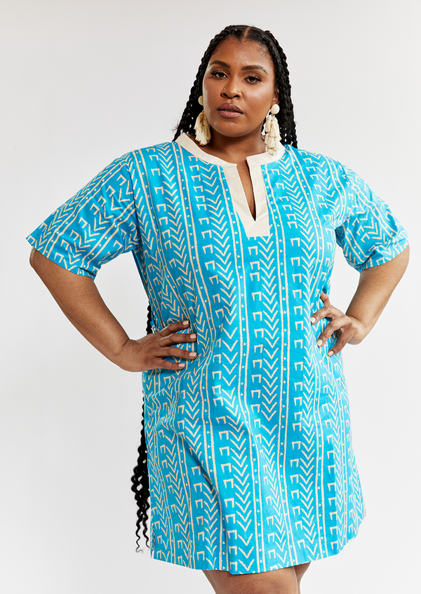 Meli Women's African Print Tunic (Sky Blue Mudcloth) - Clearance