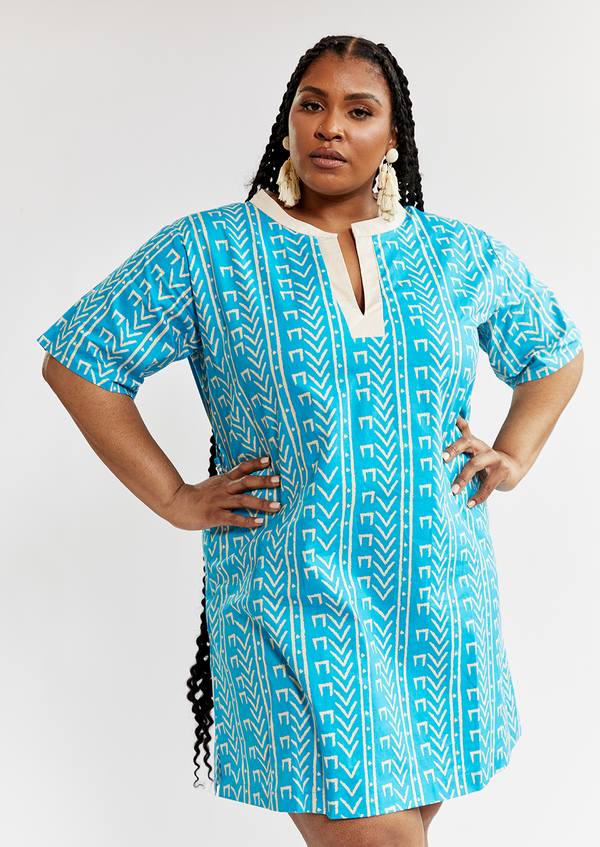 Meli Women's African Print Tunic Dress (Sky Blue Mudcloth) - Clearance