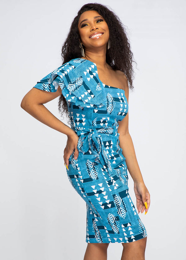 Mojaji Women's African Print One-Shoulder Fitted Dress (Navy White Mudcloth) - Clearance
