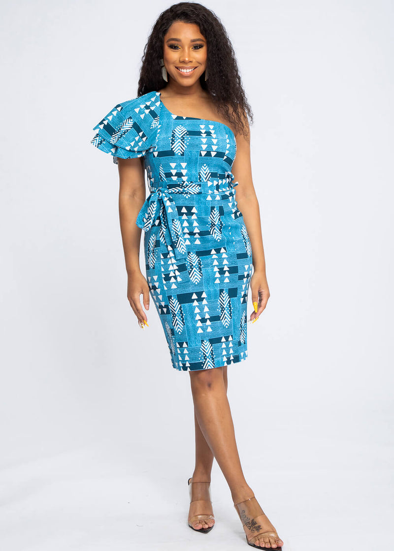 Mojaji Women's African Print One-Shoulder Fitted Dress (Navy White Mudcloth) - Clearance