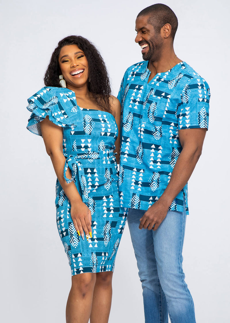 Mojaji Women's African Print One-Shoulder Fitted Dress (Navy White Mudcloth) - Clearance