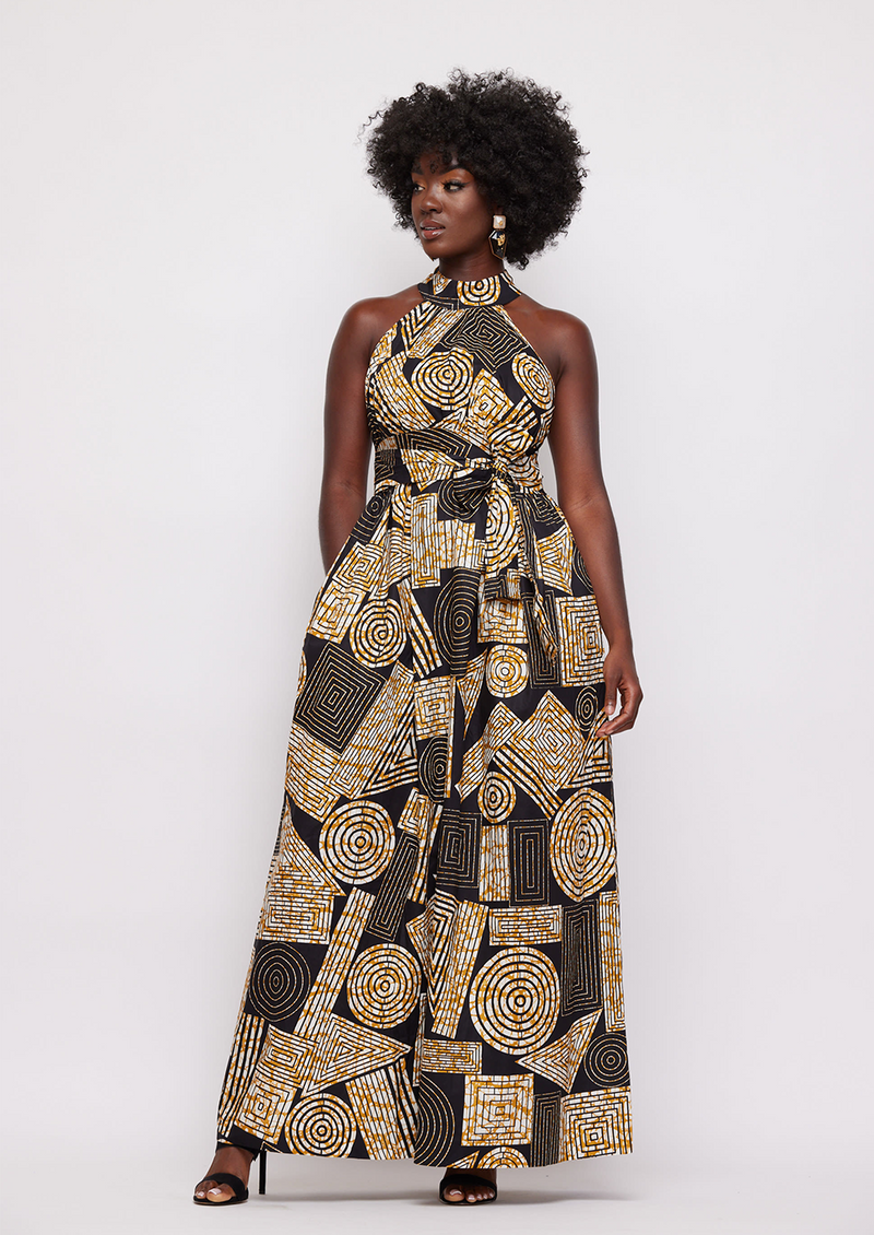 Ronke African Print Halter Maxi Dress (Black Brown Geometric)