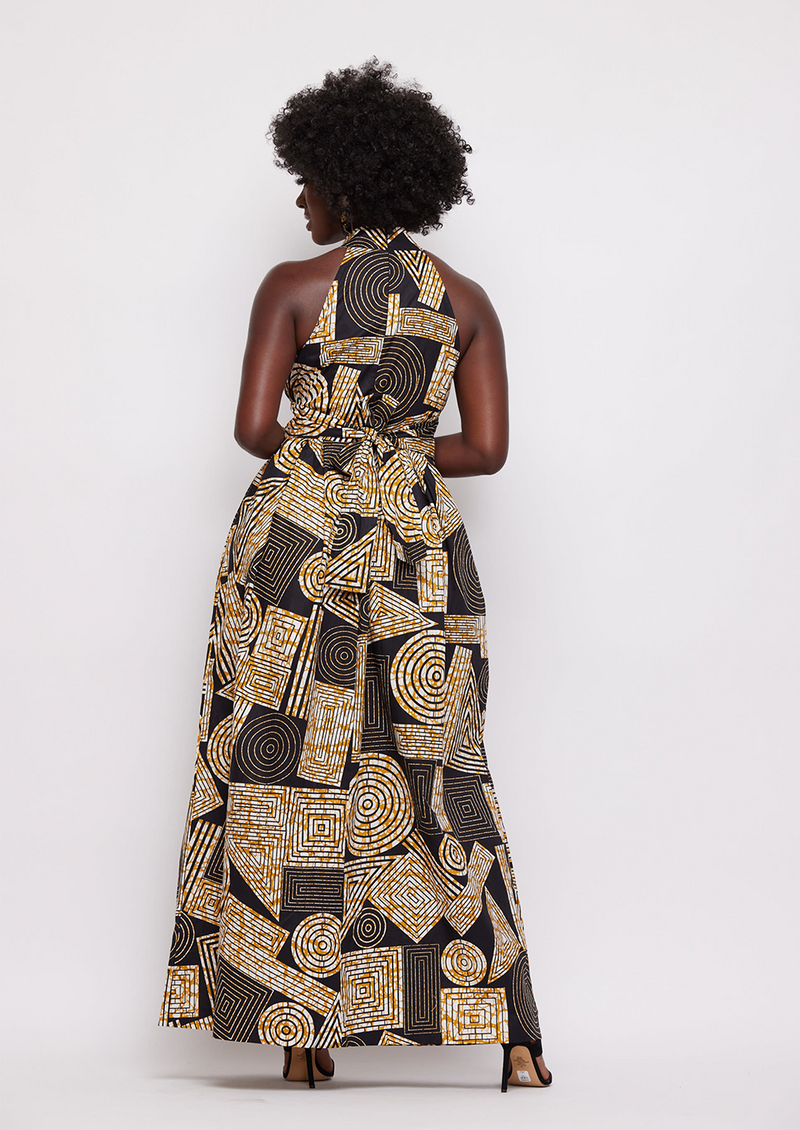 Ronke African Print Halter Maxi Dress (Black Brown Geometric)