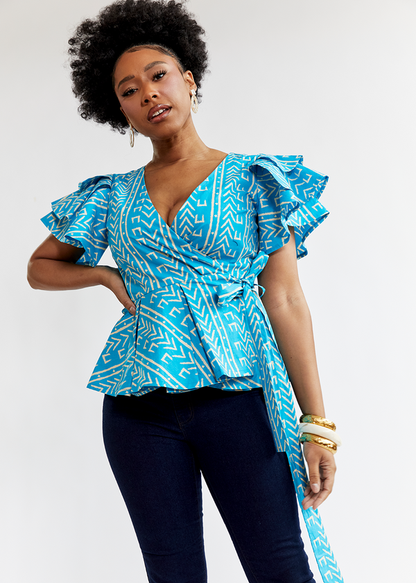 Sankofa Women's African Print Peplum Top (Sky Blue Mudcloth) - Clearance
