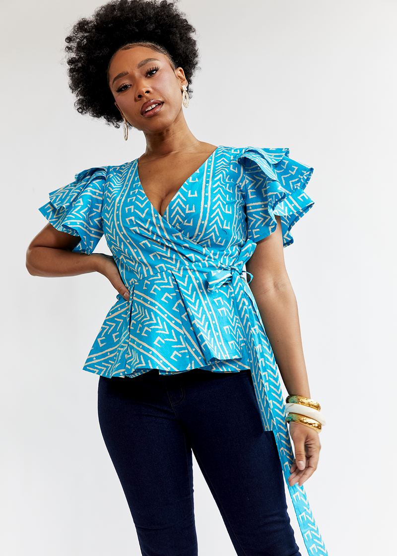 Sankofa Women's African Print Peplum Top (Sky Blue Mudcloth) - Clearance