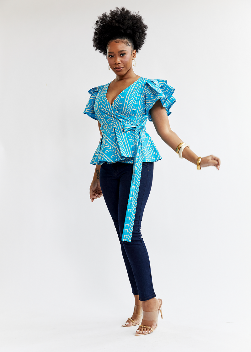 Sankofa Women's African Print Peplum Top (Sky Blue Mudcloth) - Clearance