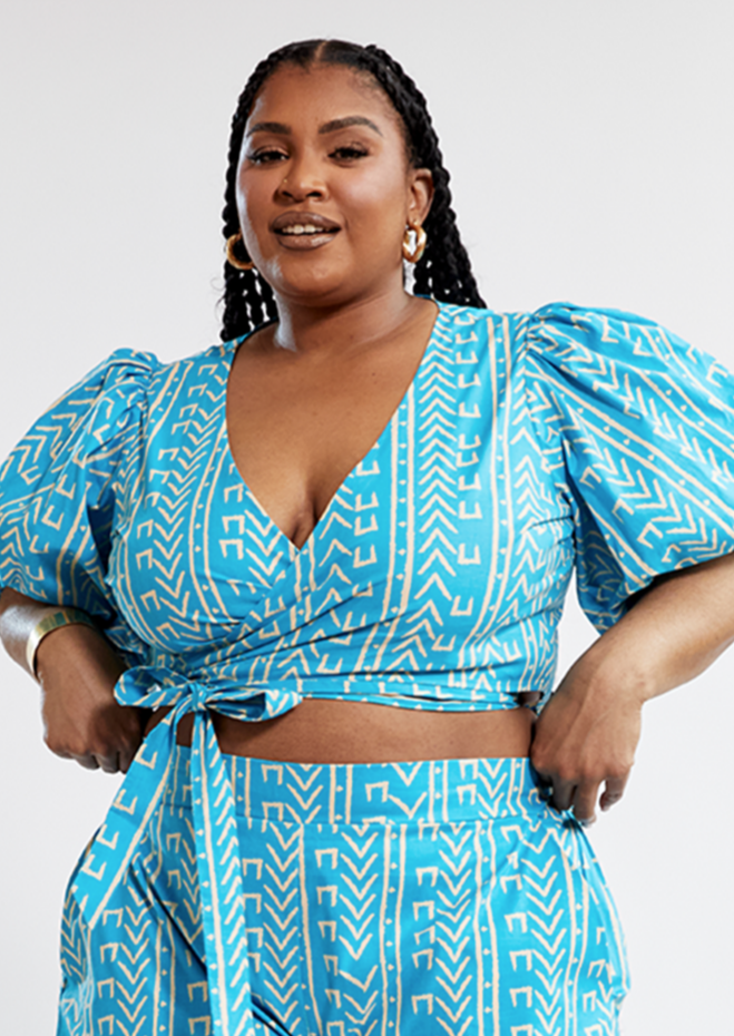Shanina Women's African Print Tie Top (Sky Blue Mudcloth) - Clearance