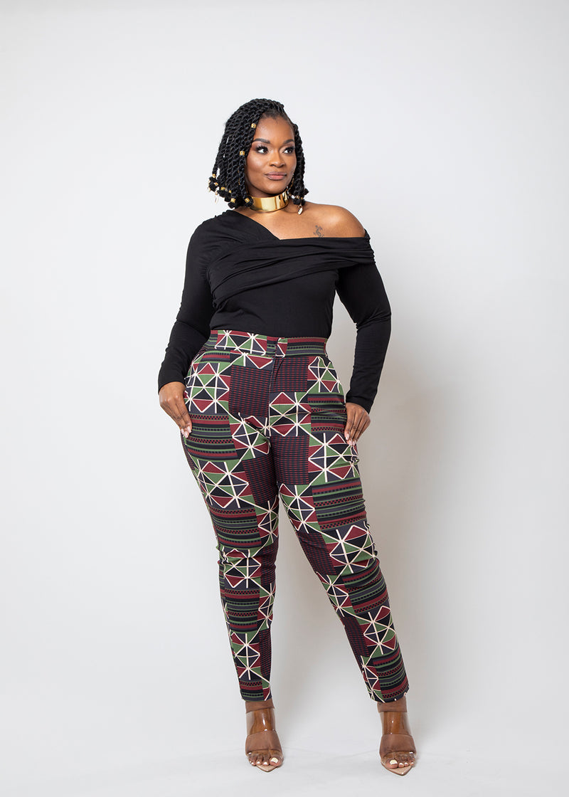 Talia Women's African Print Stretch Woven Skinny Pants (Black Red Kente)