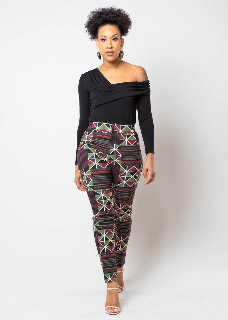 Talia Women's African Print Stretch Woven Skinny Pants (Black Red Kente)