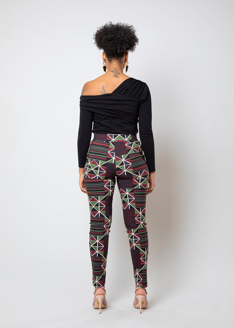 Talia Women's African Print Stretch Woven Skinny Pants (Black Red Kente)