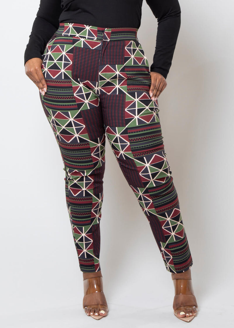 Talia Women's African Print Stretch Woven Skinny Pants (Black Red Kente)