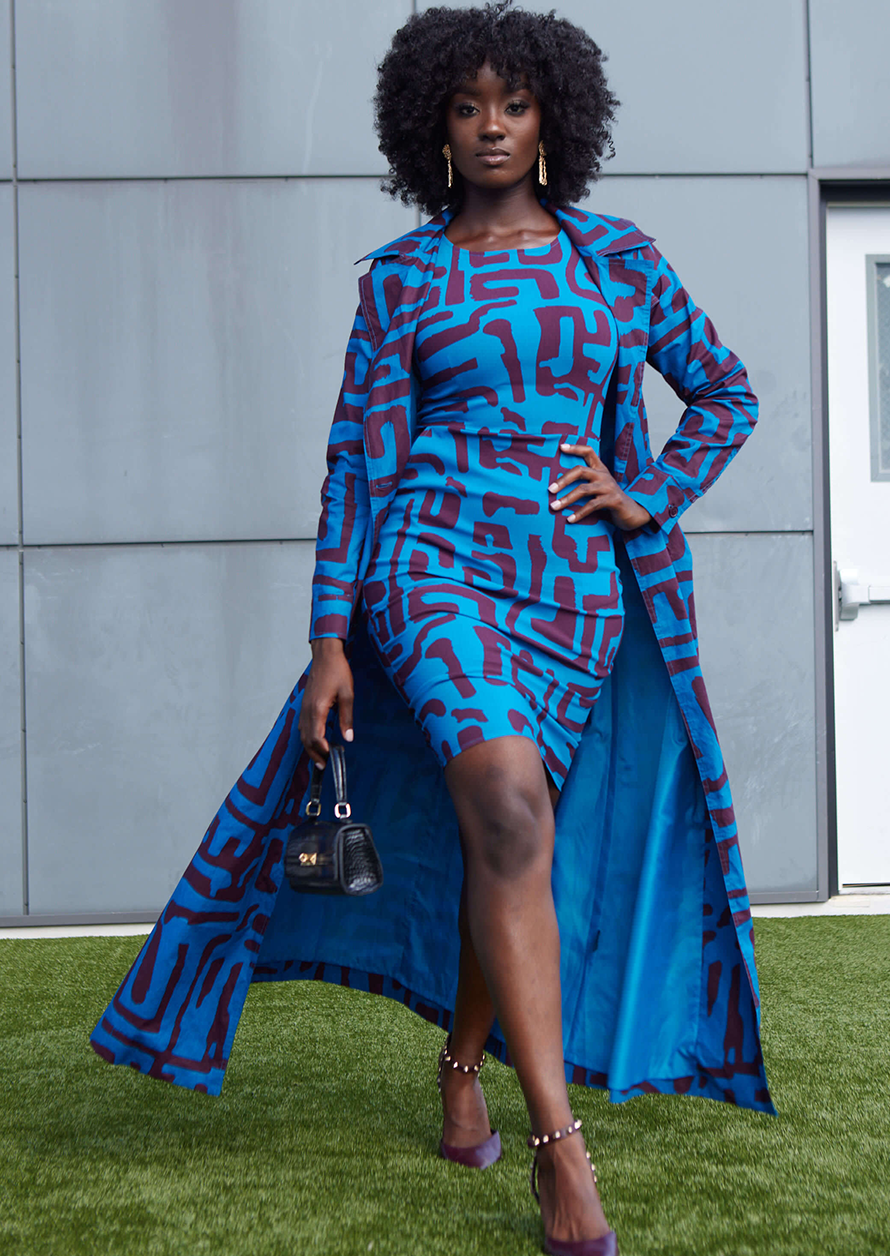 Taraji Women's African Print Trench Coat (Fig Blue Geometric) – D'IYANU