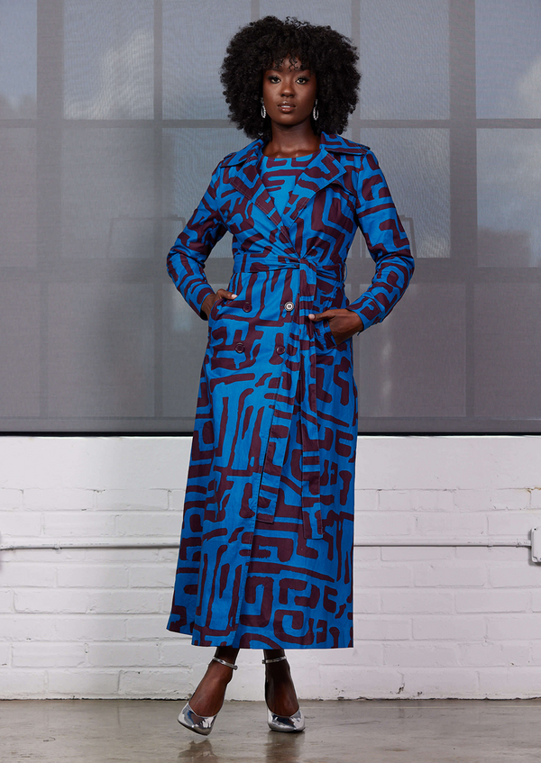 Taraji Women's African Print Trench Coat (Fig Blue Geometric) - Clearance