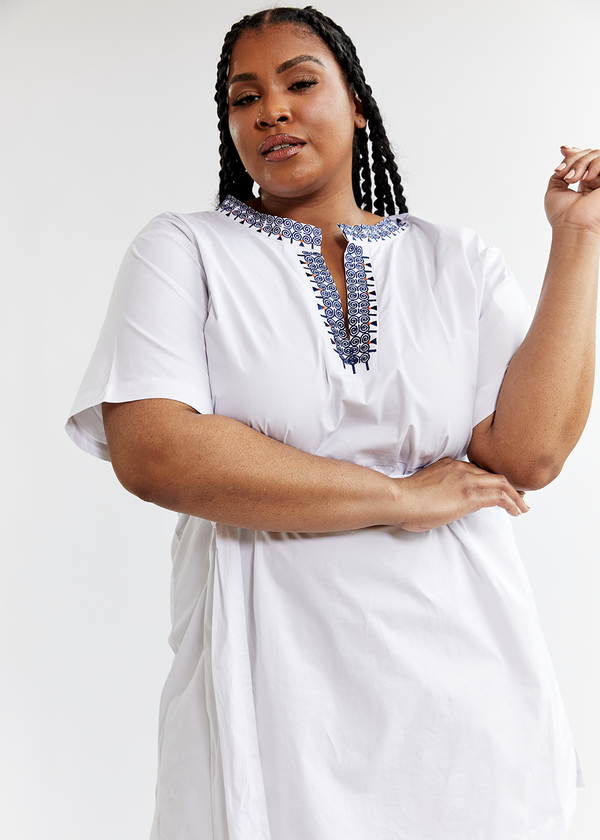Tunda Women's African Embroidered Tunic (White) - Clearance