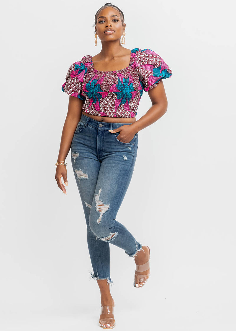 Abiona Women's African Print Smocked Top (Pink Teal Pinwheels) - Clearance