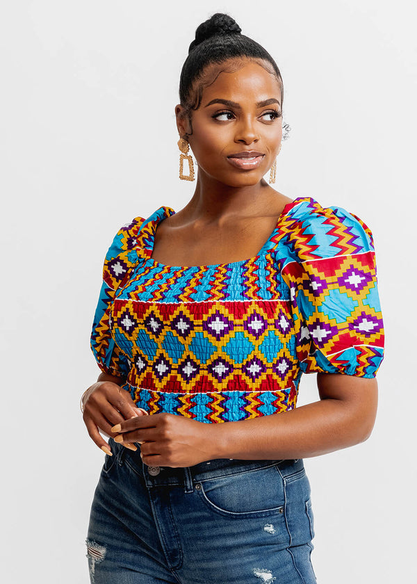 Abiona Women's African Print Smocked Top (Sky Blue Yellow Kente) - Clearance