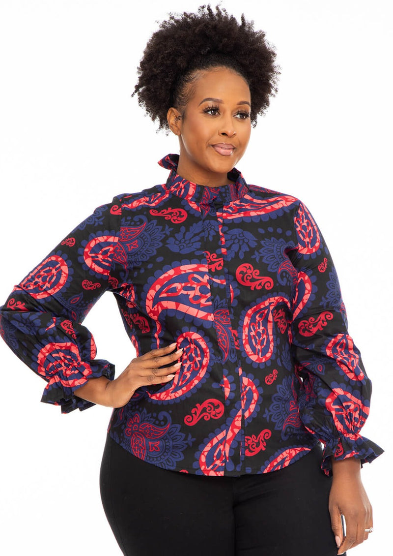 Akinyi Women's African Print Blouse (Black Maroon Paisley) - Clearance