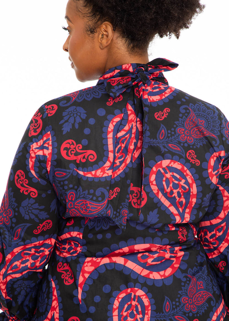 Akinyi Women's African Print Blouse (Black Maroon Paisley) - Clearance