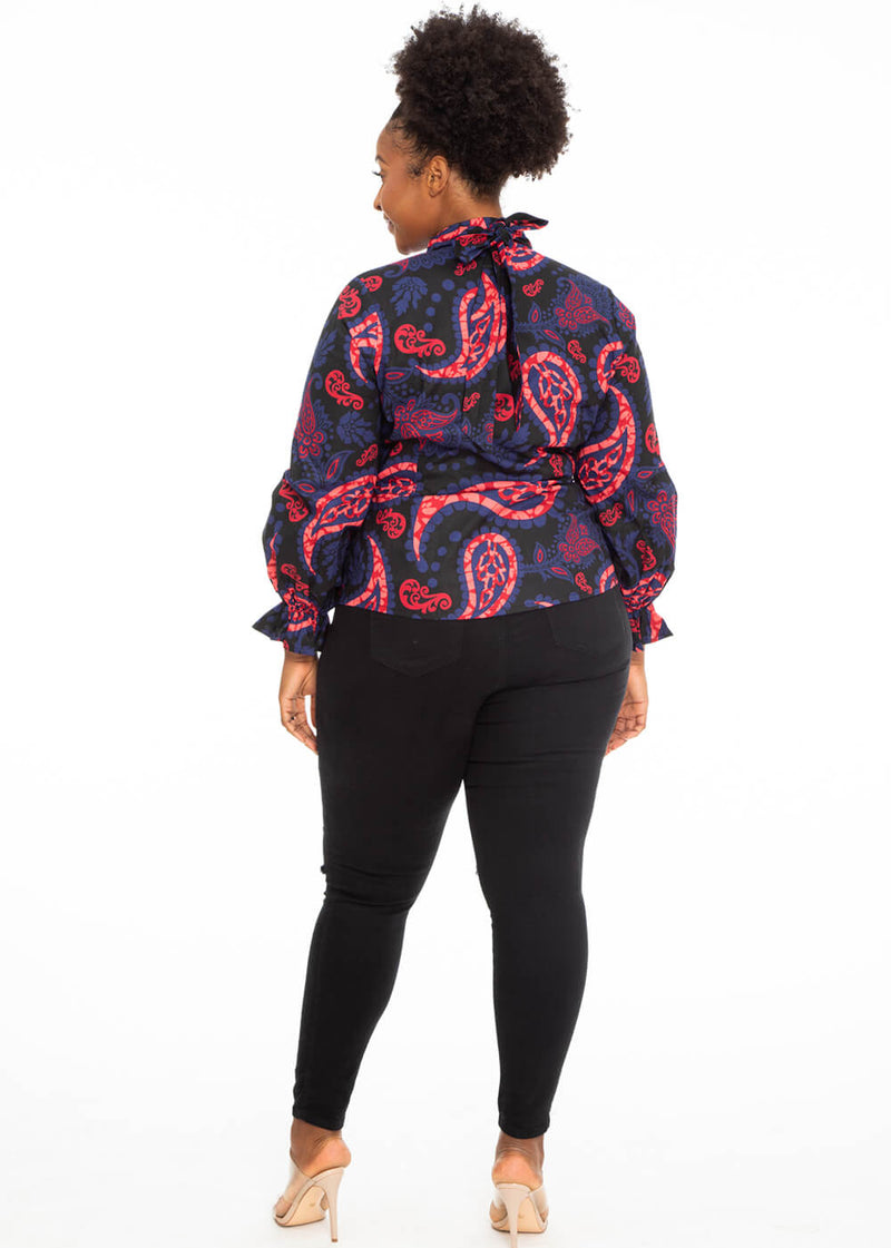 Akinyi Women's African Print Blouse (Black Maroon Paisley) - Clearance