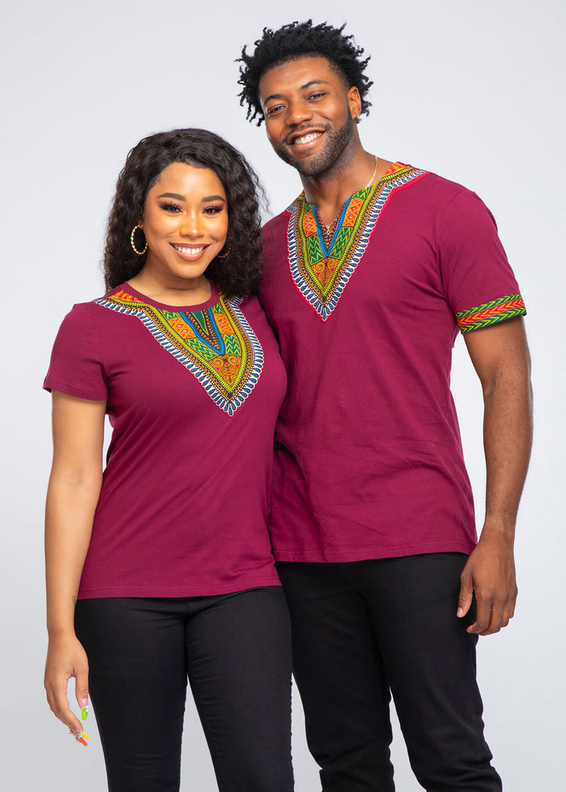 Men's African Print Dashiki T-Shirt (Deep Maroon)