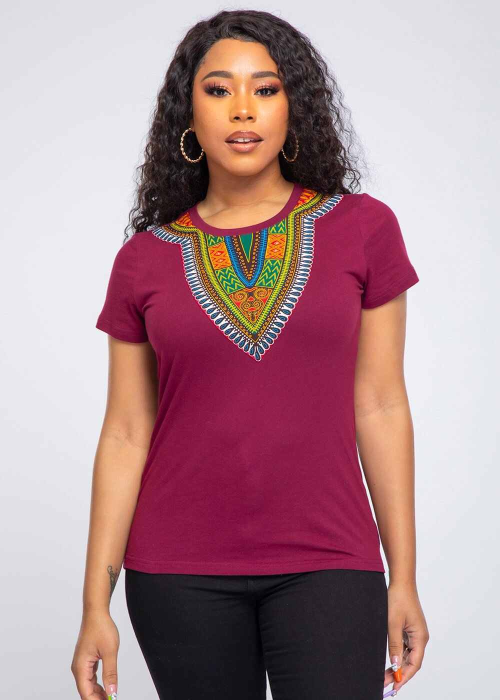 Amara Women's Dashiki T-Shirt (Deep Maroon) - D'IYANU