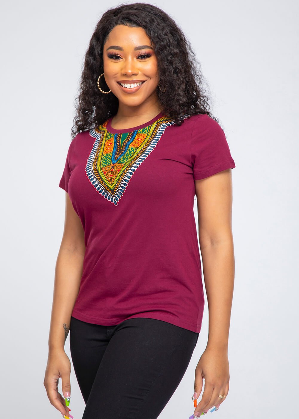 Amara Women's Dashiki T-Shirt (Deep Maroon) - D'IYANU