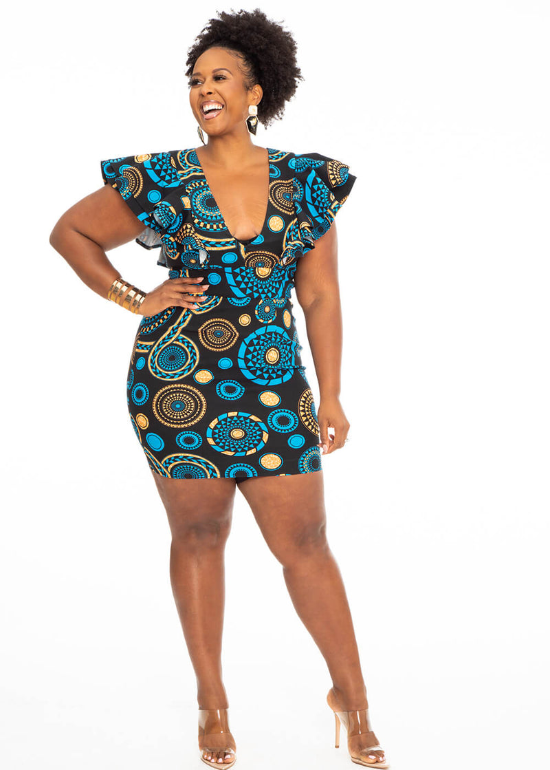 Hanuni Women's African Print Stretch Ruffle Dress (Blue Mandala) - Clearance