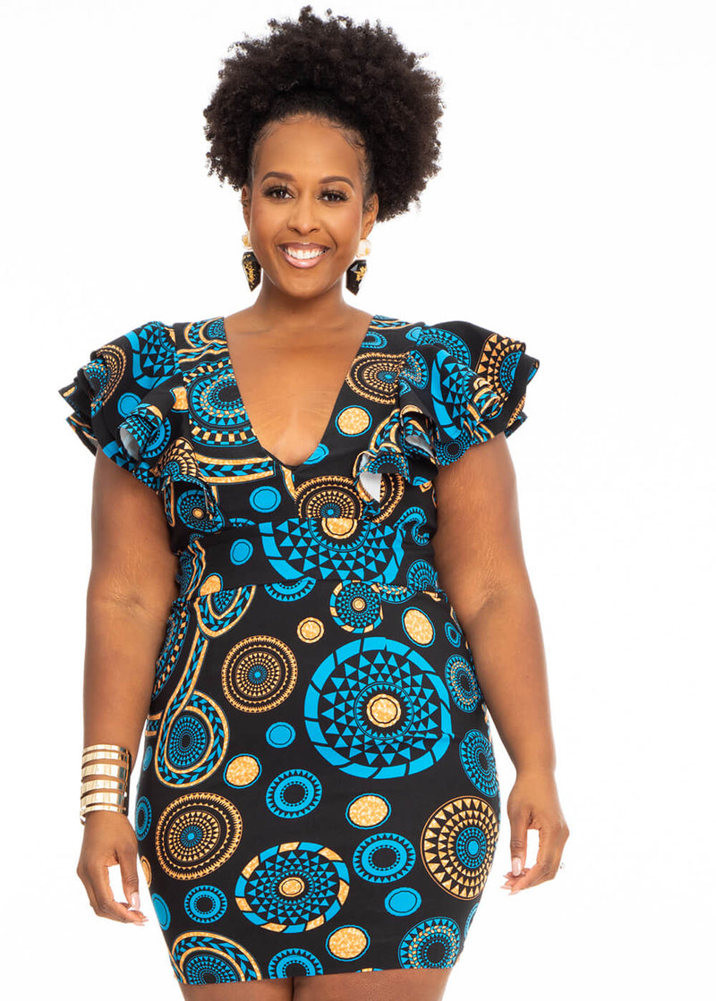Hanuni Women's African Print Stretch Ruffle Dress (Blue Mandala) - Clearance