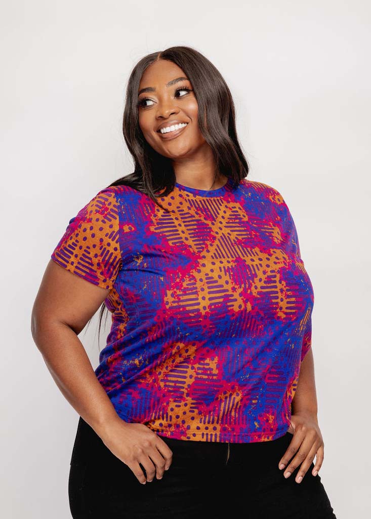 Inafa Women's African Print T-Shirt (Violet Adire)