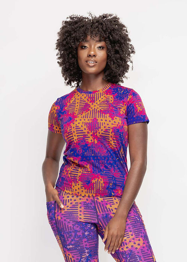 Inafa Women's African Print T-Shirt (Violet Adire) - Clearance