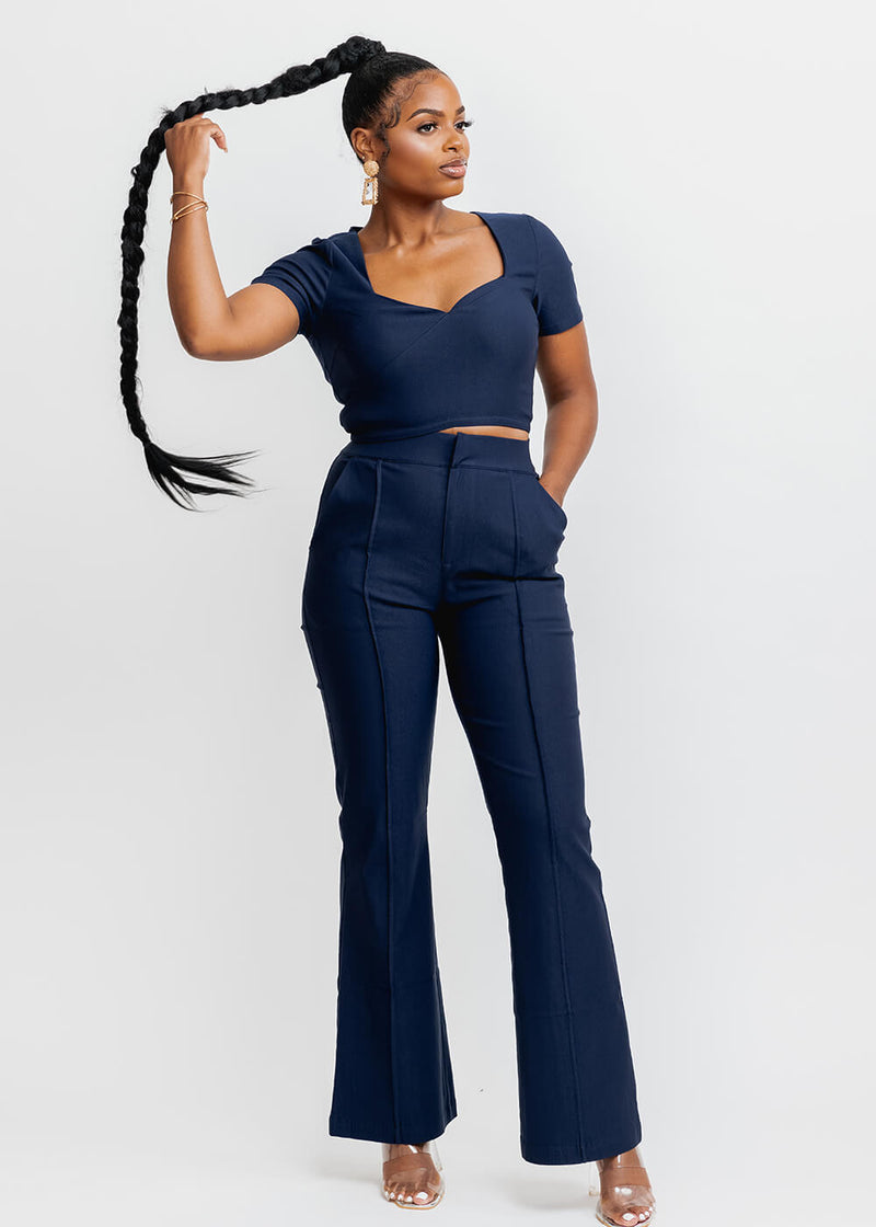 Juma Women's African Print Stretch Short Sleeve Crop Top (Navy)- Clearance
