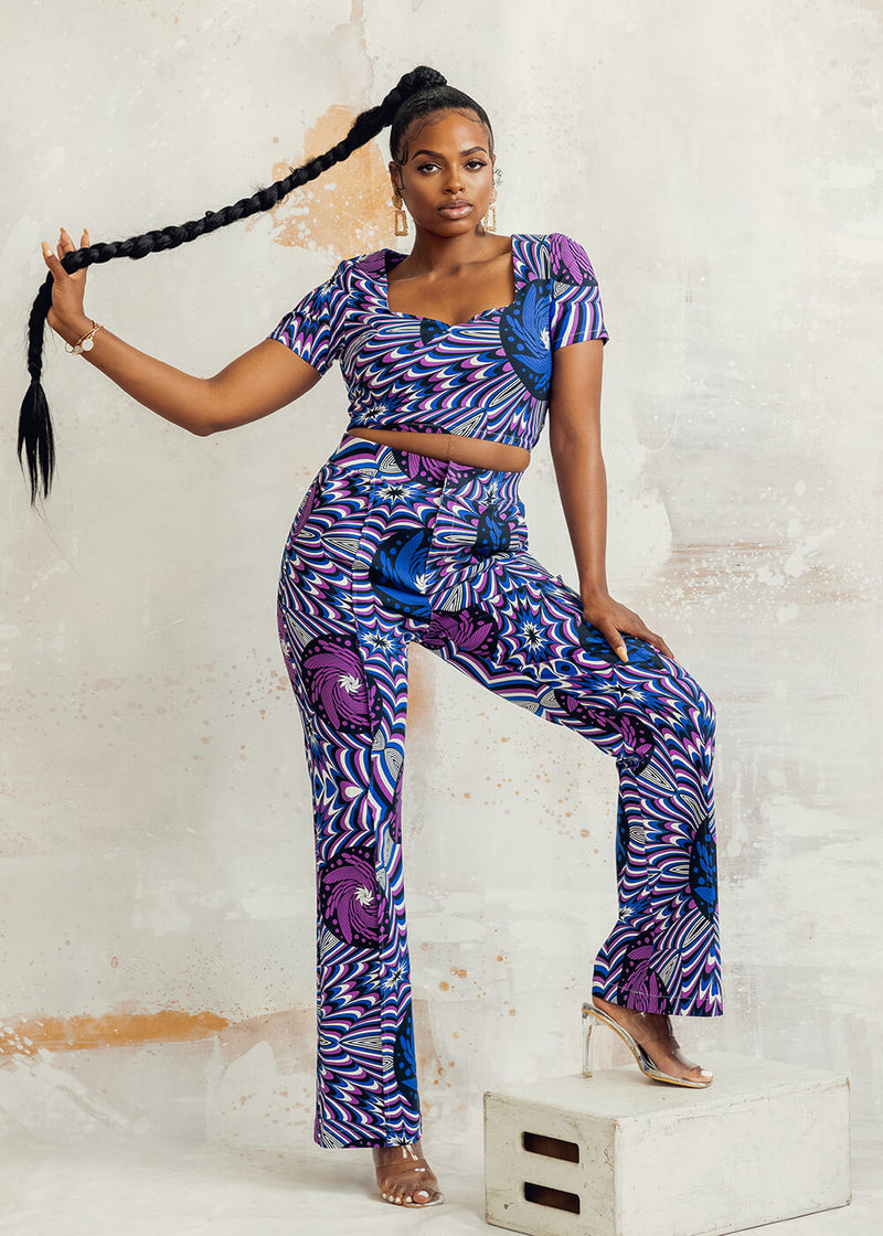 Juma Women's African Print Stretch Short Sleeve Crop Top (Purple Blue Flowers)- Clearance