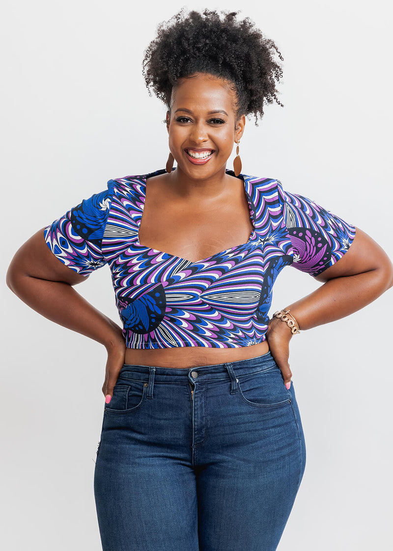 Juma Women's African Print Stretch Short Sleeve Crop Top (Purple Blue Flowers)- Clearance