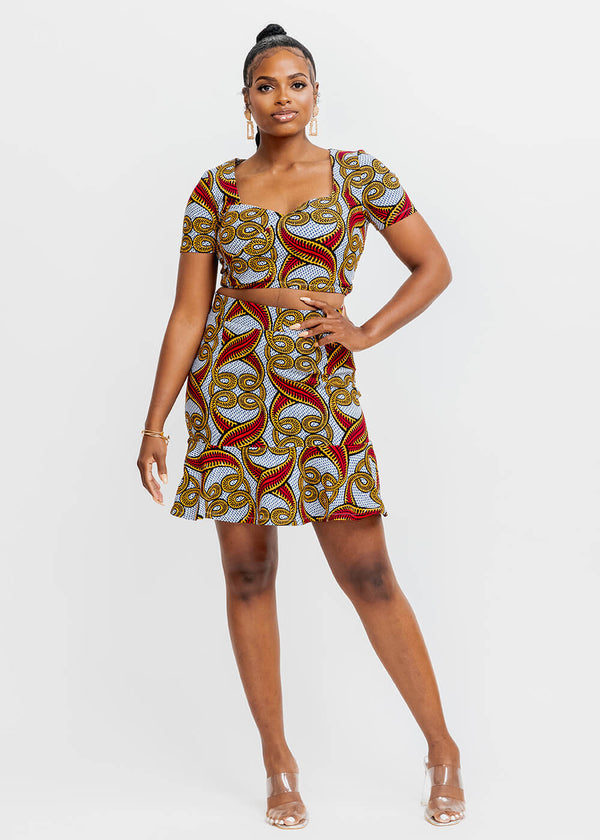 Juma Women's African Print Stretch Short Sleeve Crop Top (Red yellow Vines)- Clearance