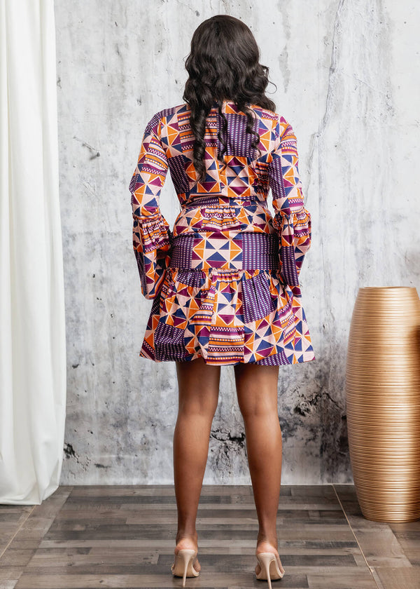 Lamia Women's African Print Bell Sleeve Wrap Dress (Orange Purple Kente) - Clearance