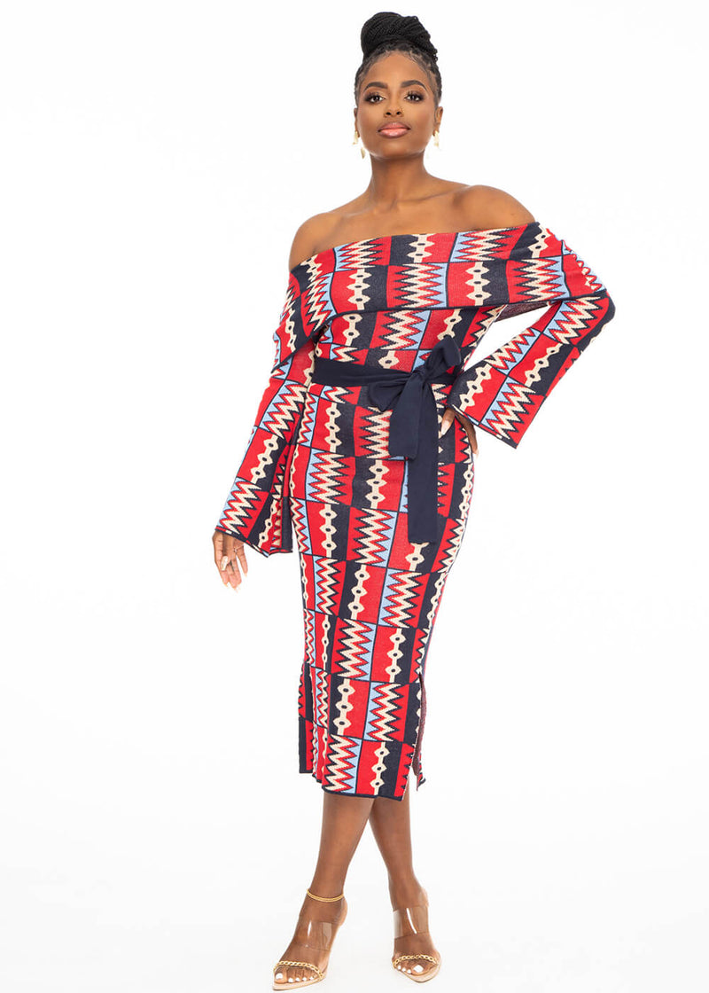 Nekesa Women's African Print Sweater Dress (Navy Red Kente) - Clearance