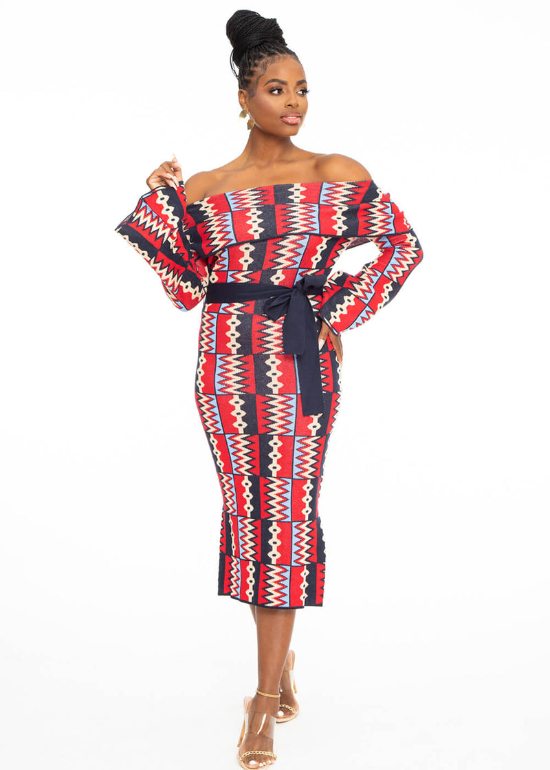 Nekesa Women's African Print Sweater Dress (Navy Red Kente) - Clearance