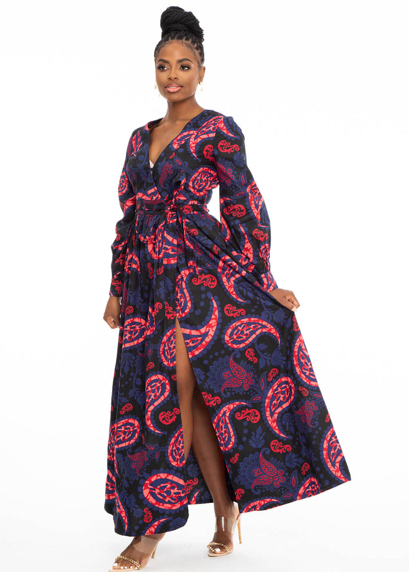 Rehema Women's African Print Maxi Dress (Black Maroon Paisley) - Clearance