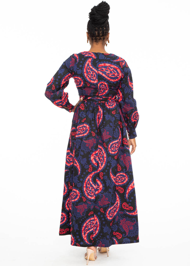 Rehema Women's African Print Maxi Dress (Black Maroon Paisley) - Clearance