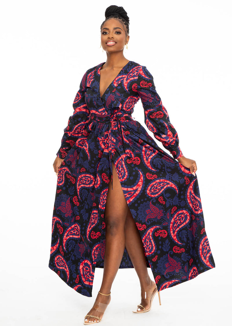 Rehema Women's African Print Maxi Dress (Black Maroon Paisley) - Clearance