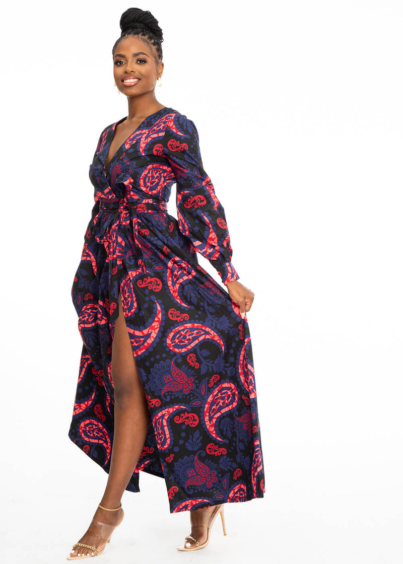 Rehema Women's African Print Maxi Dress (Black Maroon Paisley) - Clearance