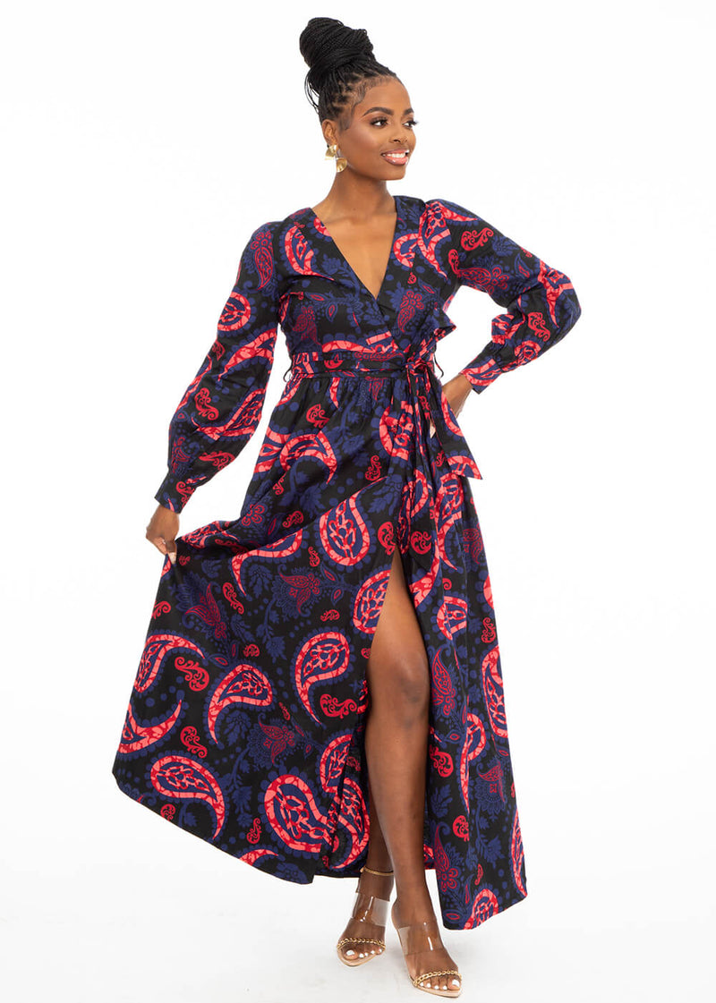 Rehema Women's African Print Maxi Dress (Black Maroon Paisley) - Clearance