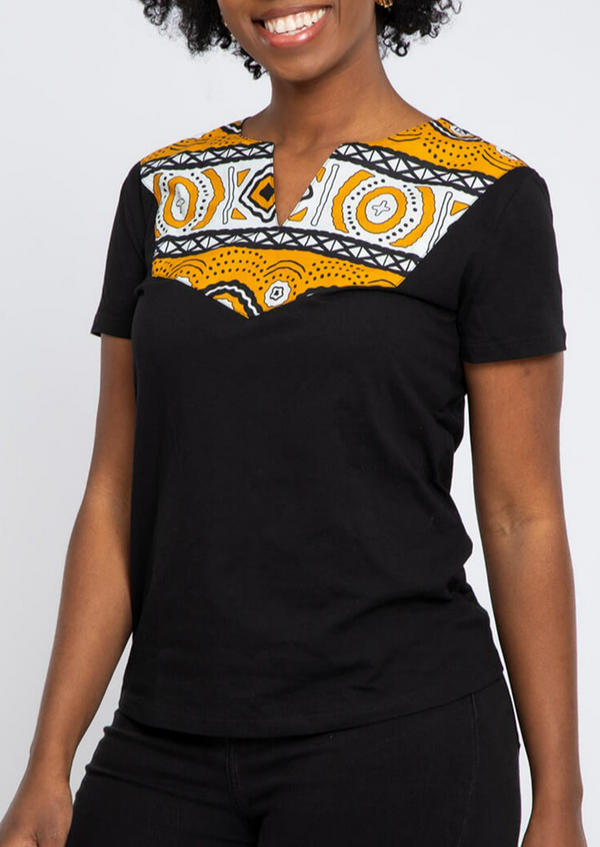Alikah Women's African Print Applique T-shirt (Black/Gold White Mudcloth)