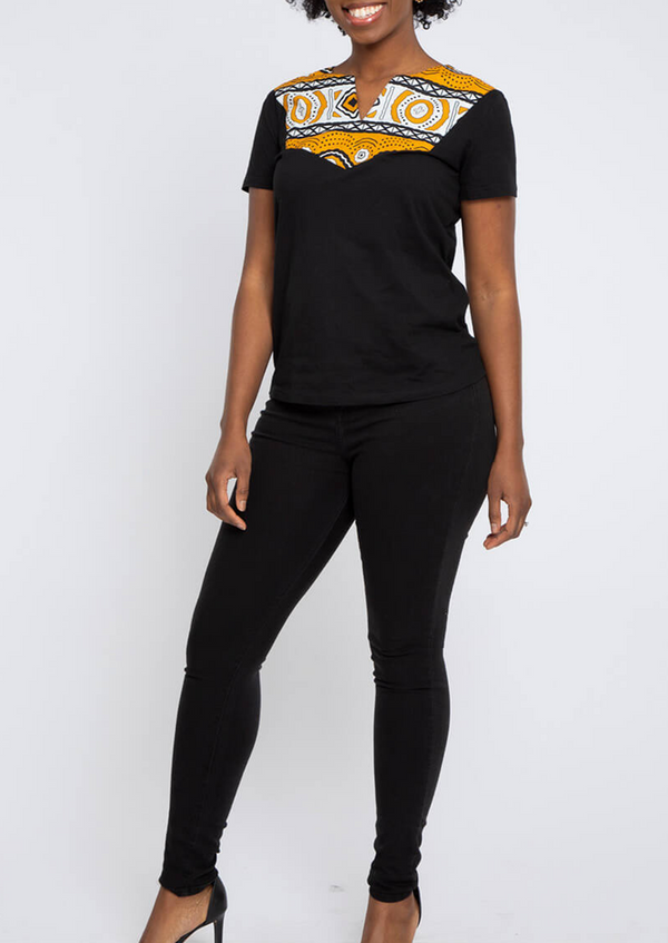 Alikah Women's African Print Applique T-shirt (Black/Gold White Mudcloth)