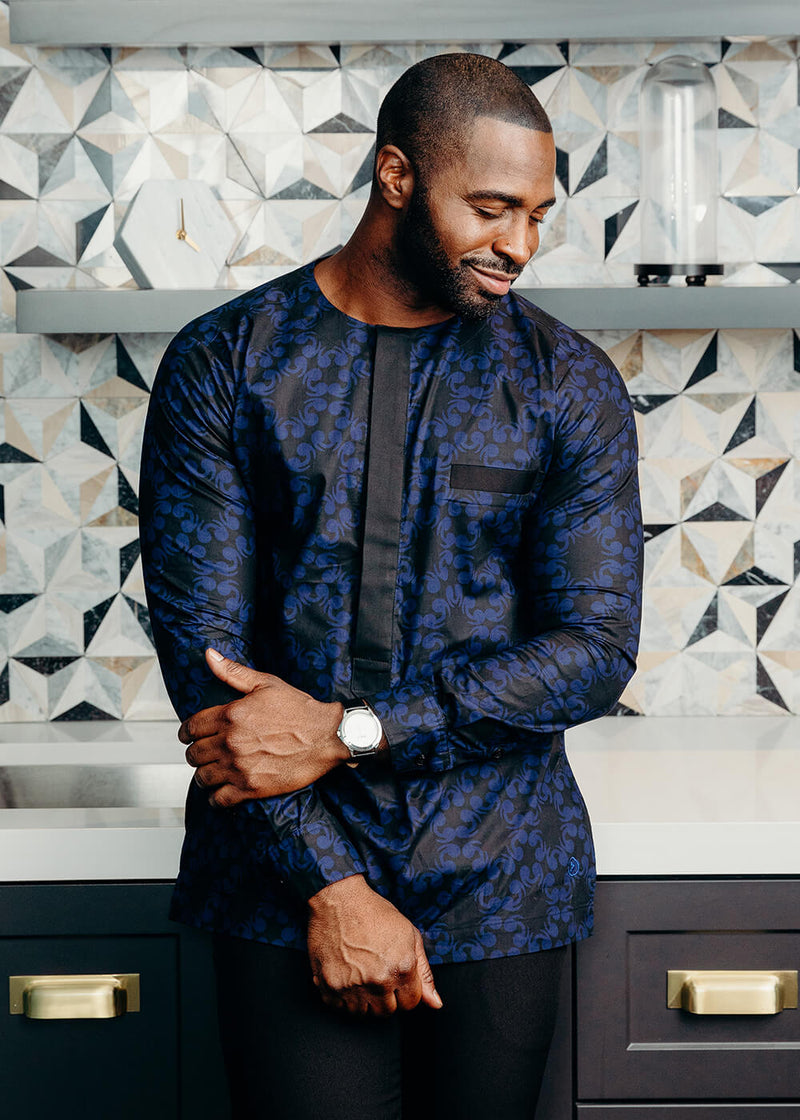 Abaeze Men's African Print Traditional Top (Black Blue Flowers)