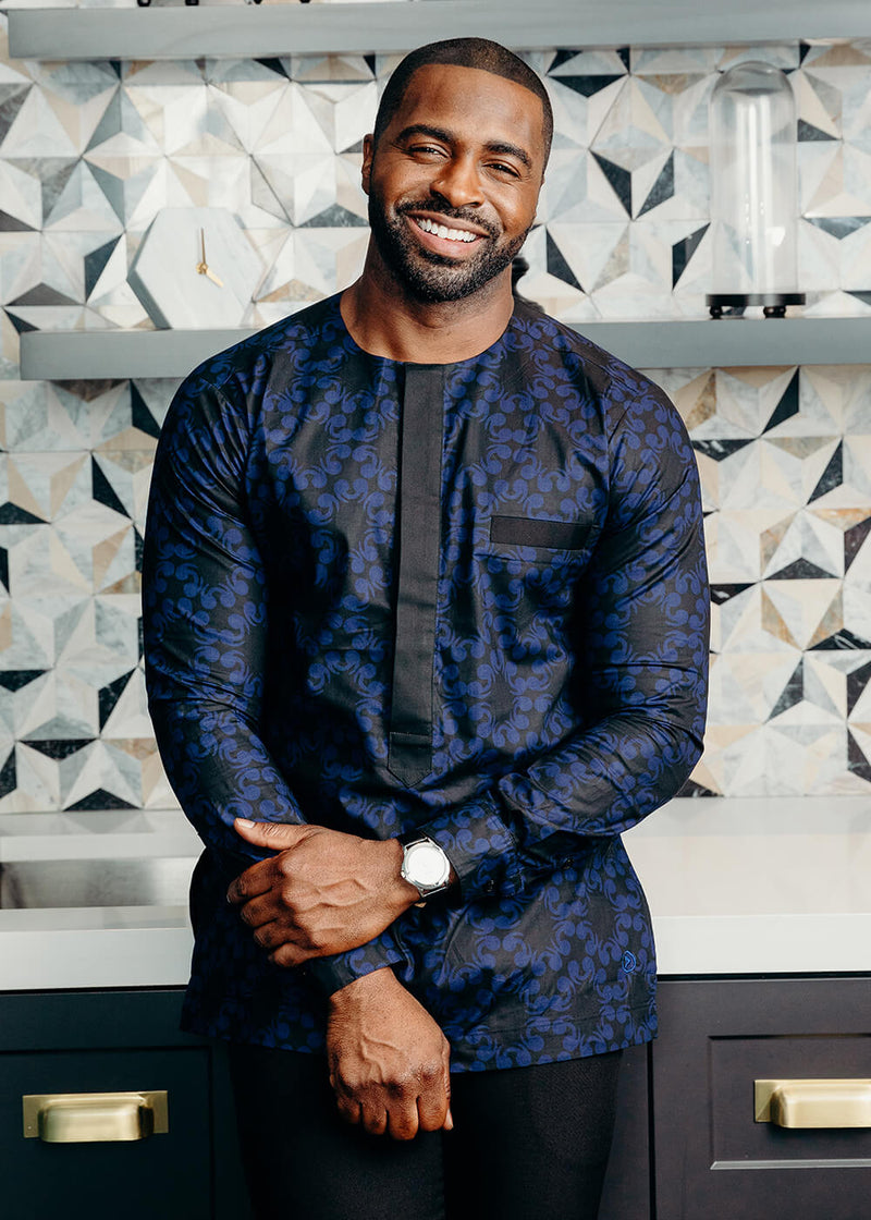 Abaeze Men's African Print Traditional Top (Black Blue Flowers)