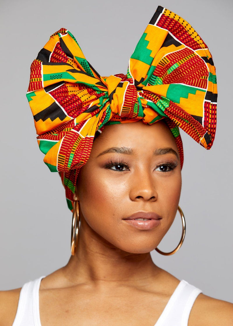 African Head Wrap Scarf - Yellow Green Kente - D'IYANU