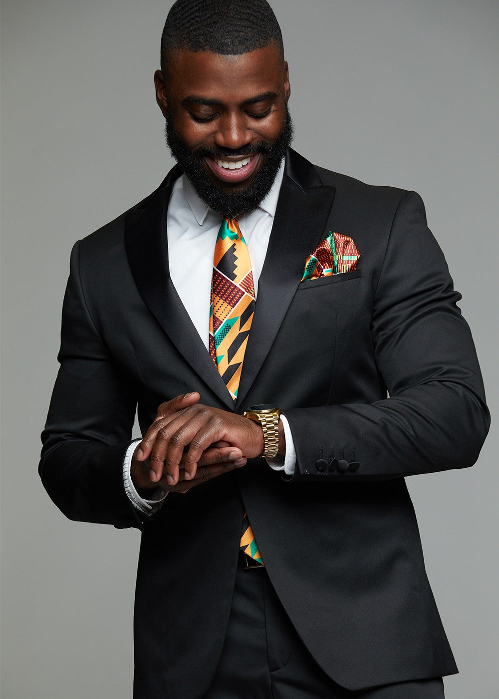Accessories - Ajani Men's African Print Satin Necktie And Pocket Square Set (Yellow Green Kente)